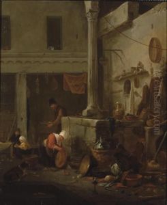 Peasants Cooking And Cleaning In A Courtyard