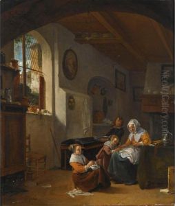 An Interior With A Mother
Teaching A Girl To Write, A Young Boy Carrying A Bowl, And Another Girl
Embroidering In The Foreground An Interior With A Mother
Teaching A Girl To Write, A Young Boy Carrying A Bowl, And Another Girl
Embroidering In The Foreground