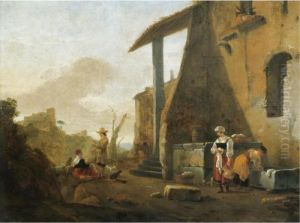 An Italianate Landscape With Figures Beside A Well Before A Villa by Thomas Wyck
