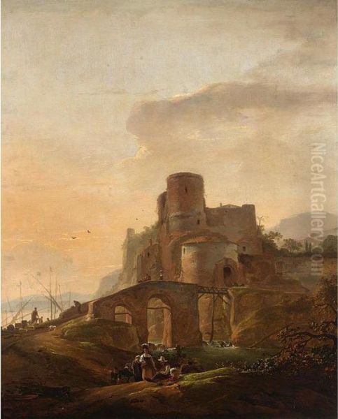 An Italianate Landscape With A
Bridge And A Harbour Beyond, Some Herdsmen To The Foreground - view 1