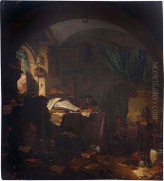 An Alchemist In His Study With
His Pupil, A Still Life Of Pots, Pans And Books In The Foreground And A
Servant Woman In The Background - view 1