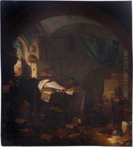 An Alchemist In His Study With
His Pupil, A Still Life Of Pots, Pans And Books In The Foreground And A
Servant Woman In The Background by Thomas Wyck