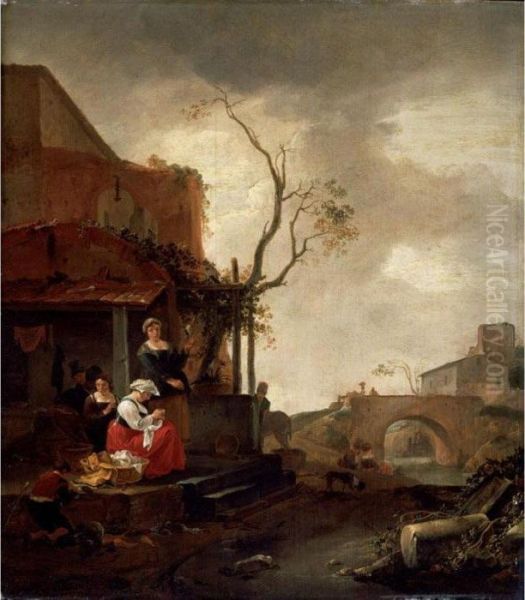Village Scene With Women Sewing
And A Boy Peeling Vegetables At The Entrance To A
Cottage Drovers Crossing A Bridge Beyond - view 1