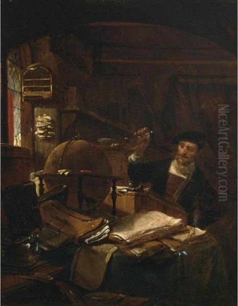 An Alchemist In His Study With A Globe And Paperwork On A Table - view 1