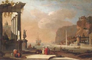 A Mediterranean Harbour With Oriental Merchants Conversing By Aruined Temple