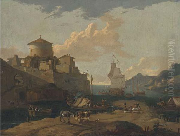 A Mediterranean Coastal Inlet With Boats And A Man-o'-war - view 1