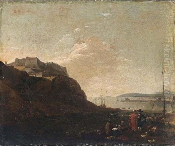 A Southern Harbour Scene With
Workmen Unloading And Two Figures Conversing, A Fortified Castle Beyond - view 1