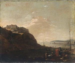 A Southern Harbour Scene With
Workmen Unloading And Two Figures Conversing, A Fortified Castle Beyond A Southern Harbour Scene With
Workmen Unloading And Two Figures Conversing, A Fortified Castle Beyond