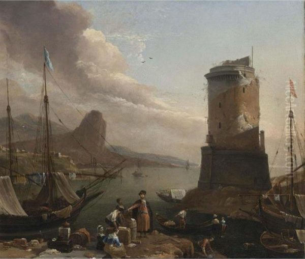 A View Of A Mediterranean Port
With Ships Moored, Street Vendors On The Quay, And Fishermen Near A
Watch Tower - view 1