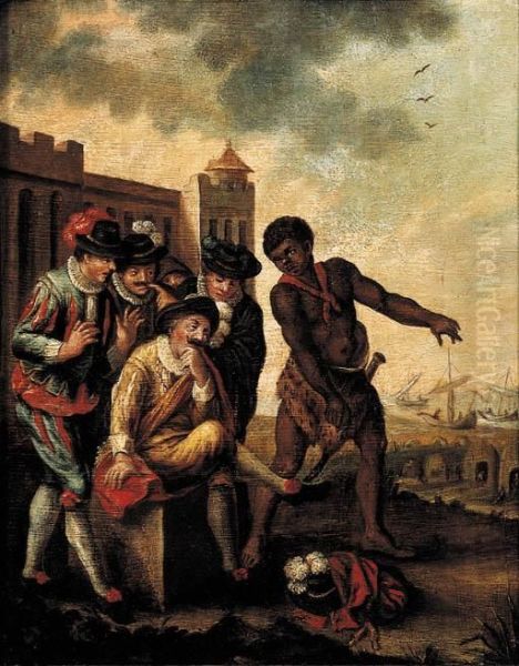 Merchants In Fancy Costume Attended By A Slave In A Mediterranean Harbour - view 1
