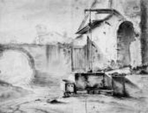 A Well In The Courtyard Of An Italian House, A Church Beyond