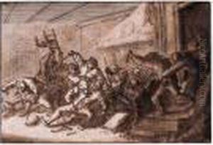 Peasants Fighting In A Tavern (recto); Study Of A Village Feast(verso) by Thomas Wyck