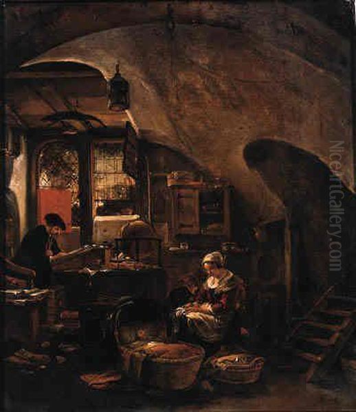 An Alchemist At Work In A Vaulted Room, With A Woman Seated By Acradle - view 1