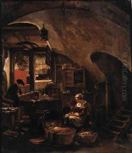 An Alchemist At Work In A Vaulted Room, With A Woman Seated By Acradle by Thomas Wyck