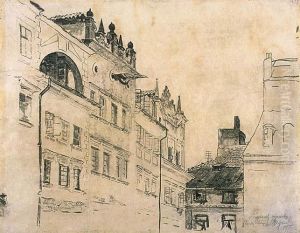 Fragment Warszawskiego Rynku Starego Miasta Z Attykami Na Domach by Leon Wyczolkowski