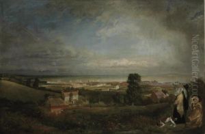 Figures Overlooking An Estuary With A Rainbow Beyond