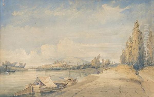 Flusspartie Mit Booten Vor Befestigter Stadt. - view 1