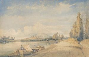 Flusspartie Mit Booten Vor Befestigter Stadt. Flusspartie Mit Booten Vor Befestigter Stadt.