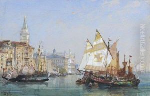 Gondoles Et Bragossi Sur Le Bassin De Saint Marc, Venise