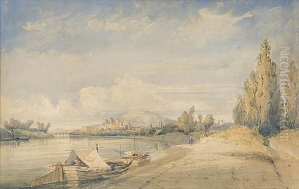 Flusspartie Mit Booten Vor Befestigter Stadt - view 1