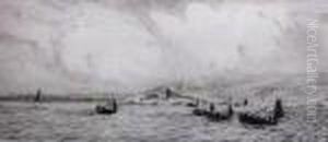 Fishing Fleet Before The Godrevy Lighthouse, St. Ives, Cornwall by William Lionel Wyllie