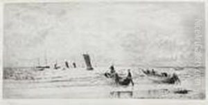 Beach Scene; Hms Victory Firing A Salute In Portsmouth Harbour, Old Portsmouth Beyond