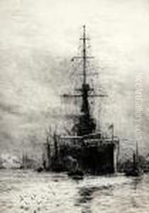 H.m.s. Orion, Portsmouth Harbour by William Lionel Wyllie