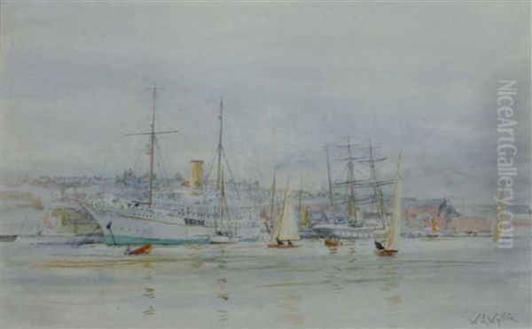 The Medina River At Cowes In The 1920's With The Steam Yacht
'liberty' And Tall Ship 'fantome' Docked At The Harbour - view 1