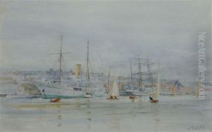 The Medina River At Cowes In The 1920's With The Steam Yacht
'liberty' And Tall Ship 'fantome' Docked At The Harbour by William Lionel Wyllie