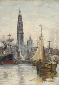 Shipping On The Scheldt Before Antwerp, The Cathedral Beyond