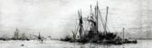 Fishing Vessels In An Estuary by William Lionel Wyllie
