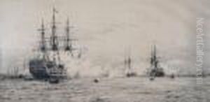 Hms Victory Firing A Salute In Portsmouth Harbour by William Lionel Wyllie