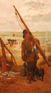 Study Of A Fisherboy Carrying A
Spar Across His Shoulder And Lamp In His Hand And With A Terrier Dog At
His Heels,
With Figures Upon The Shoreline And A Boat Beached To The Distance by William Lionel Wyllie
