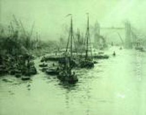 Eel Boats On The River Thames In Front Of Tower Bridge by William Lionel Wyllie