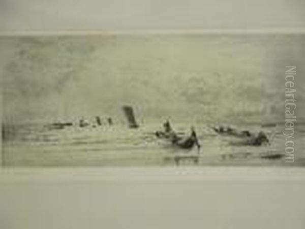 "cobles At Newbiggin, 
Northumberland" Beach Scene With Fishing Smacks Being Launched And Fleet
 Off Shore - view 1
