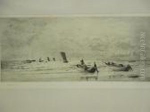 "cobles At Newbiggin, 
Northumberland" Beach Scene With Fishing Smacks Being Launched And Fleet
 Off Shore