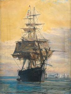 An Iron Windjammer Lying At Anchor And Drying Her Sails
