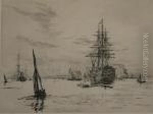 Hms Victory And Other Vessels Off Portsmouth by William Lionel Wyllie