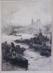 The Tower Of London From The Thames. by William Lionel Wyllie