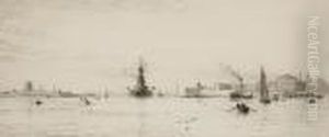 Battleship In A Busy Mediterranean Harbour by William Lionel Wyllie