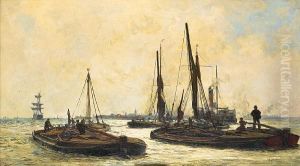 Barges Working Their Way Up The Estuary At Twilight, Heading For London Docks by William Lionel Wyllie