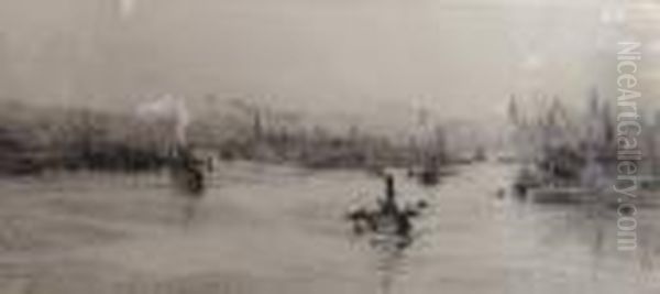 Etching Of Boats In Port - view 1