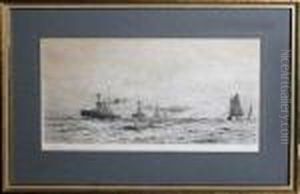 A Flotilla Of Destroyers Trailed By A Sea Plane by William Lionel Wyllie