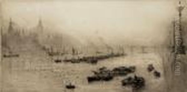 Barges On The Thames At Westminster, Looking Towards The Houses Of Parliament - view 1