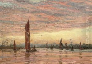 Thames's Barges At Sunset by William Lionel Wyllie