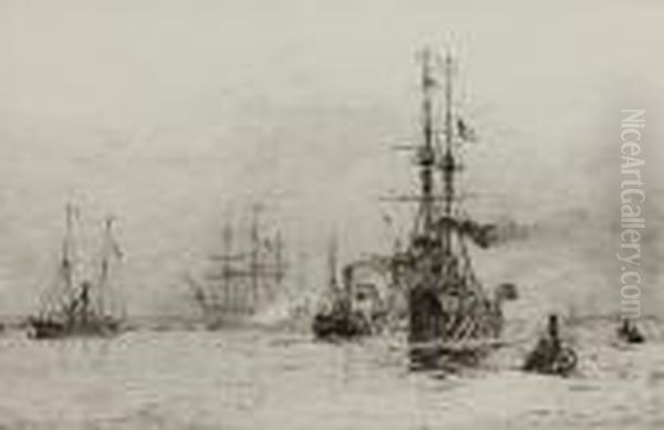Battleship And Other Vessels In A Busy Channel - view 1
