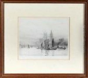 Thames Barges Beside The Houses Of Parliament by William Lionel Wyllie