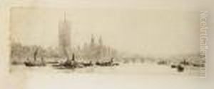 Barges On The River Thames Near The Houses Of Parliament by William Lionel Wyllie