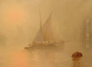 Moored Fishing Boats In A Misty Harbour At Sunset