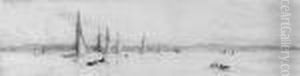 Yachts Racing In Light Airs In
The Solent (illustrated); And Asubmarine And Other Shipping At Gosport by William Lionel Wyllie